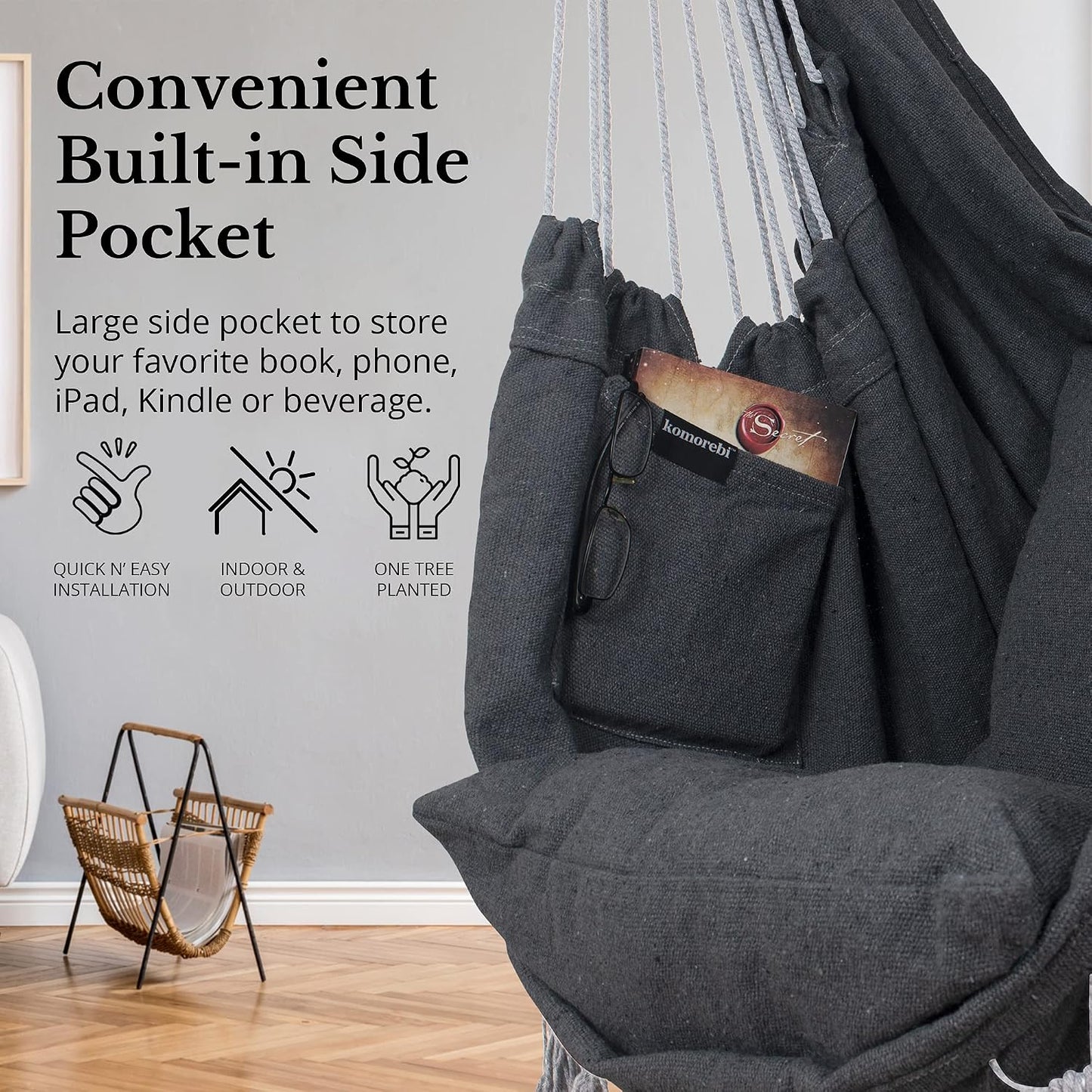 Silla hamaca macramé 60x47" lona algodón 2 cojines