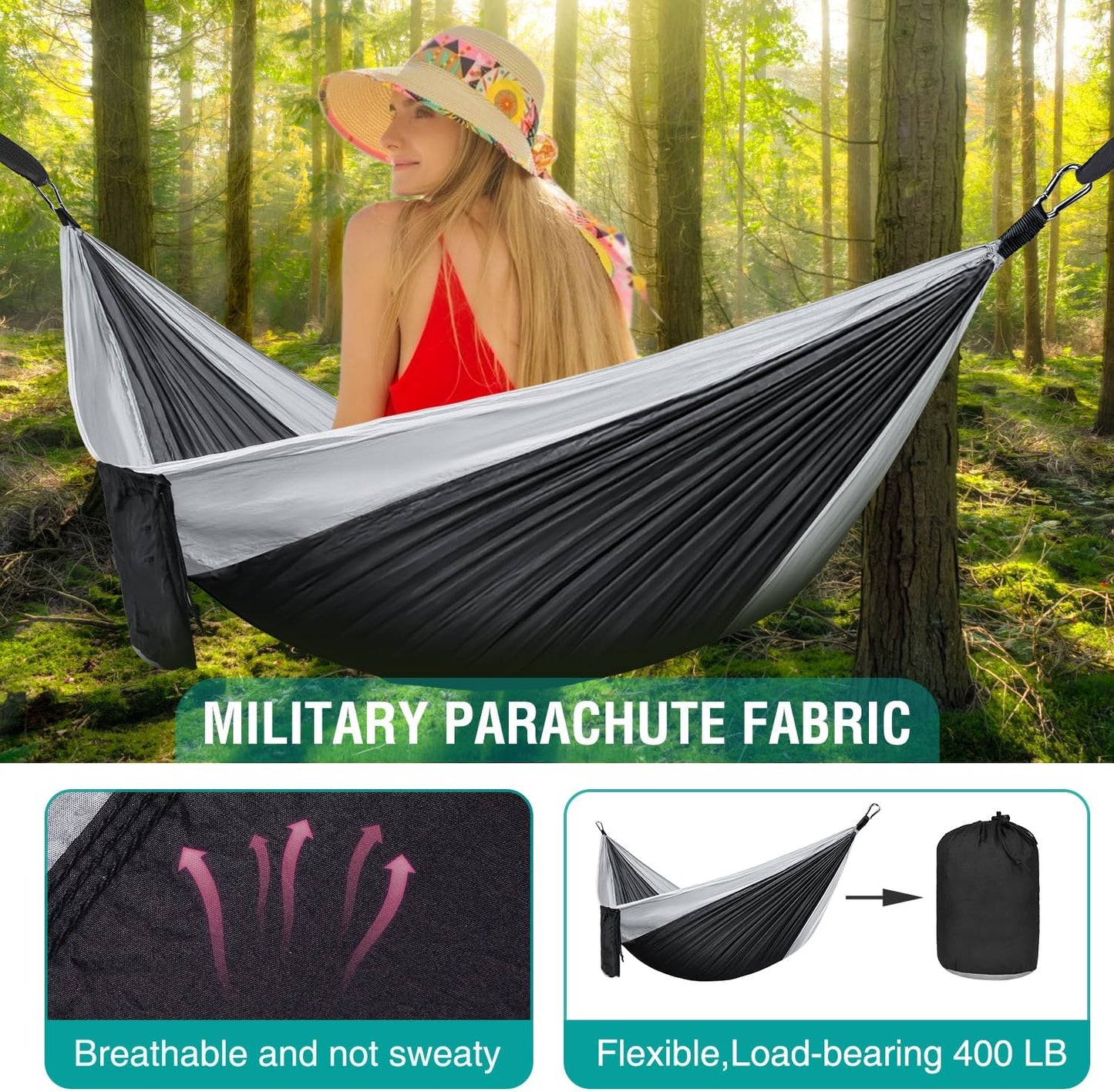 Hamaca portátil para campamento y jardín 210D negro/gris