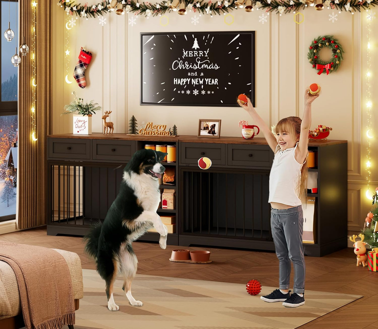 Jaula perros 47pulg madera con TV soporte 2 cajones 4