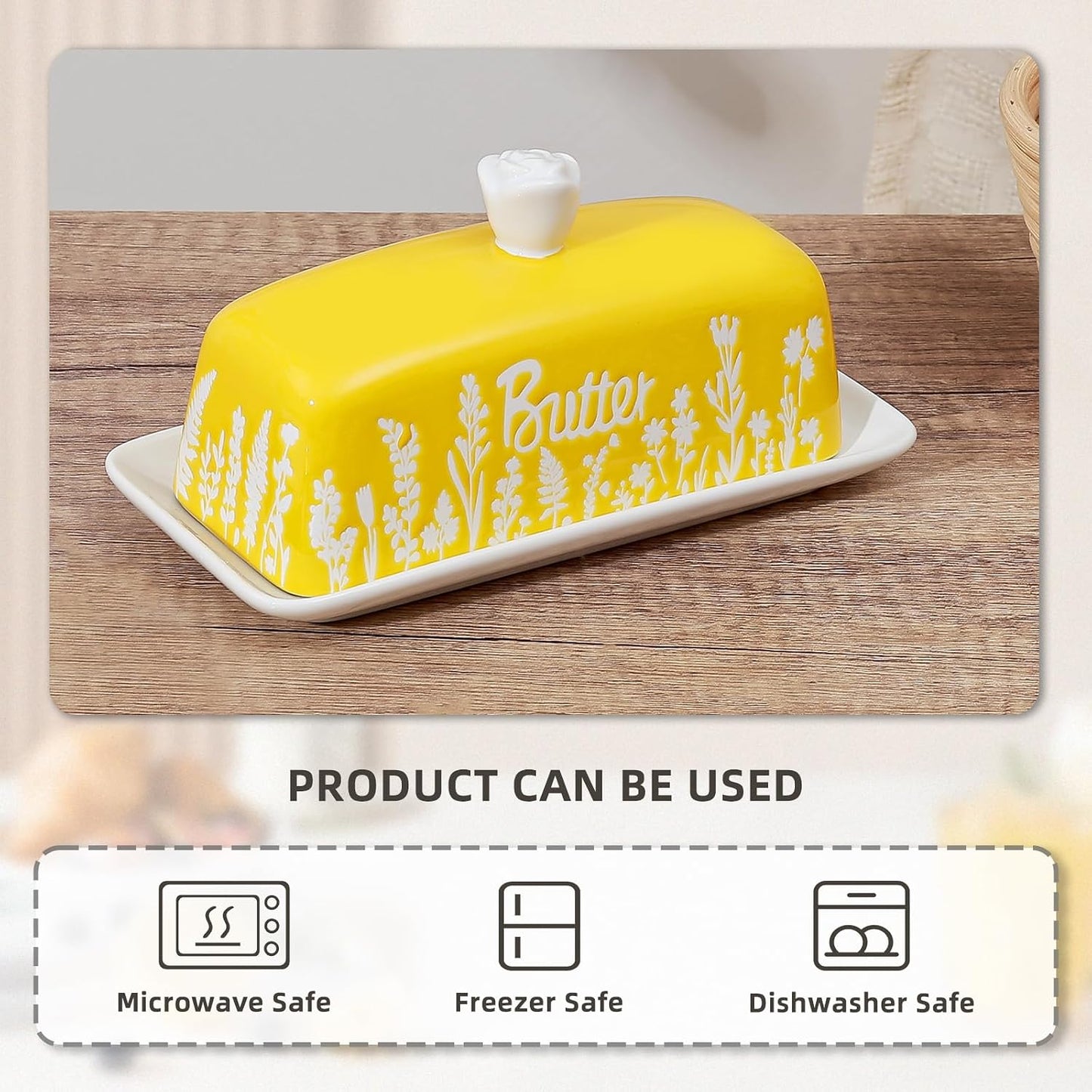 Mantequillera cerámica con tapa perilla diseño floral amarillo