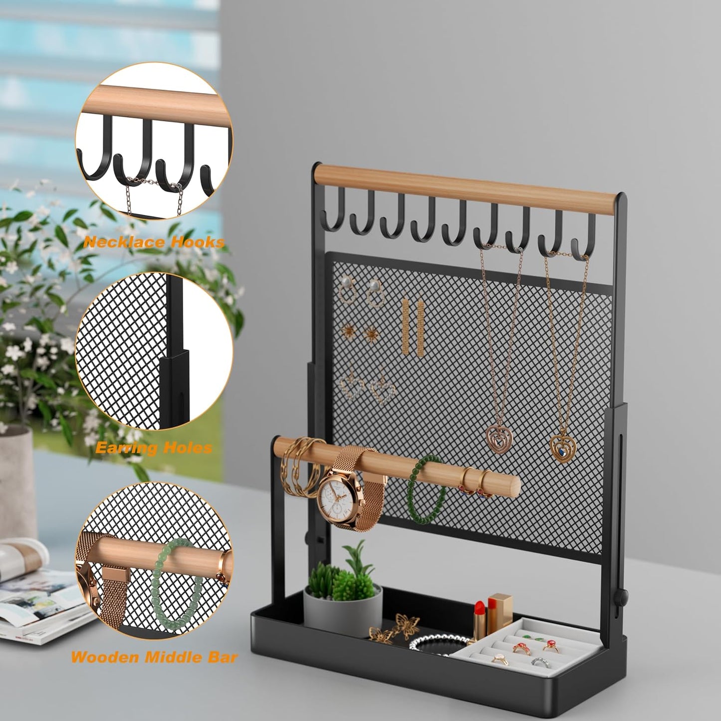 Soporte joyas terciopelo 9 ganchos madera