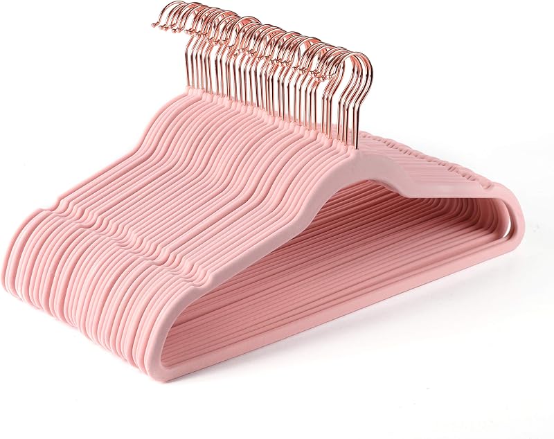 Perchas terciopelo rosa 50pzas ganchos cobre/oro