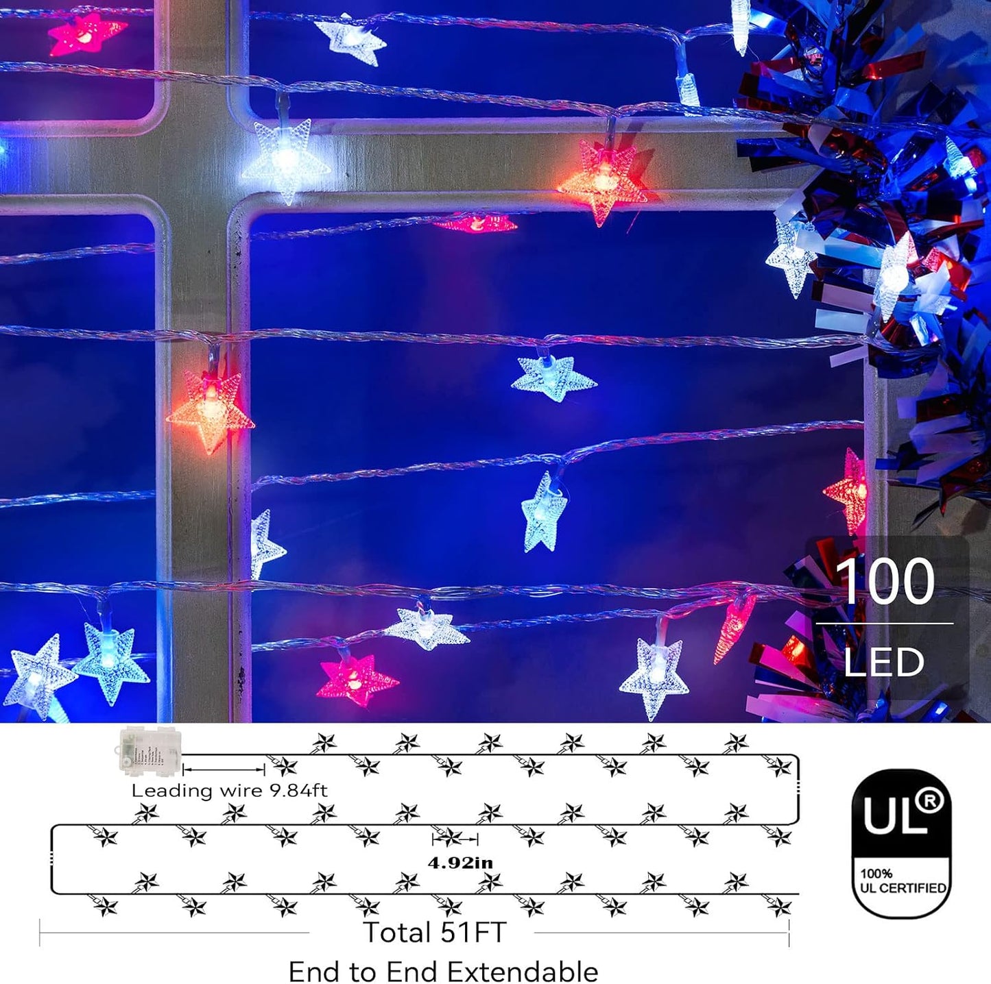 Luces LED 51pies 100 luces estrella 4 de julio con pilas