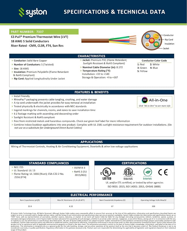 Cable control calefacción HVAC 18/5 CL3R 100% cobre sólido