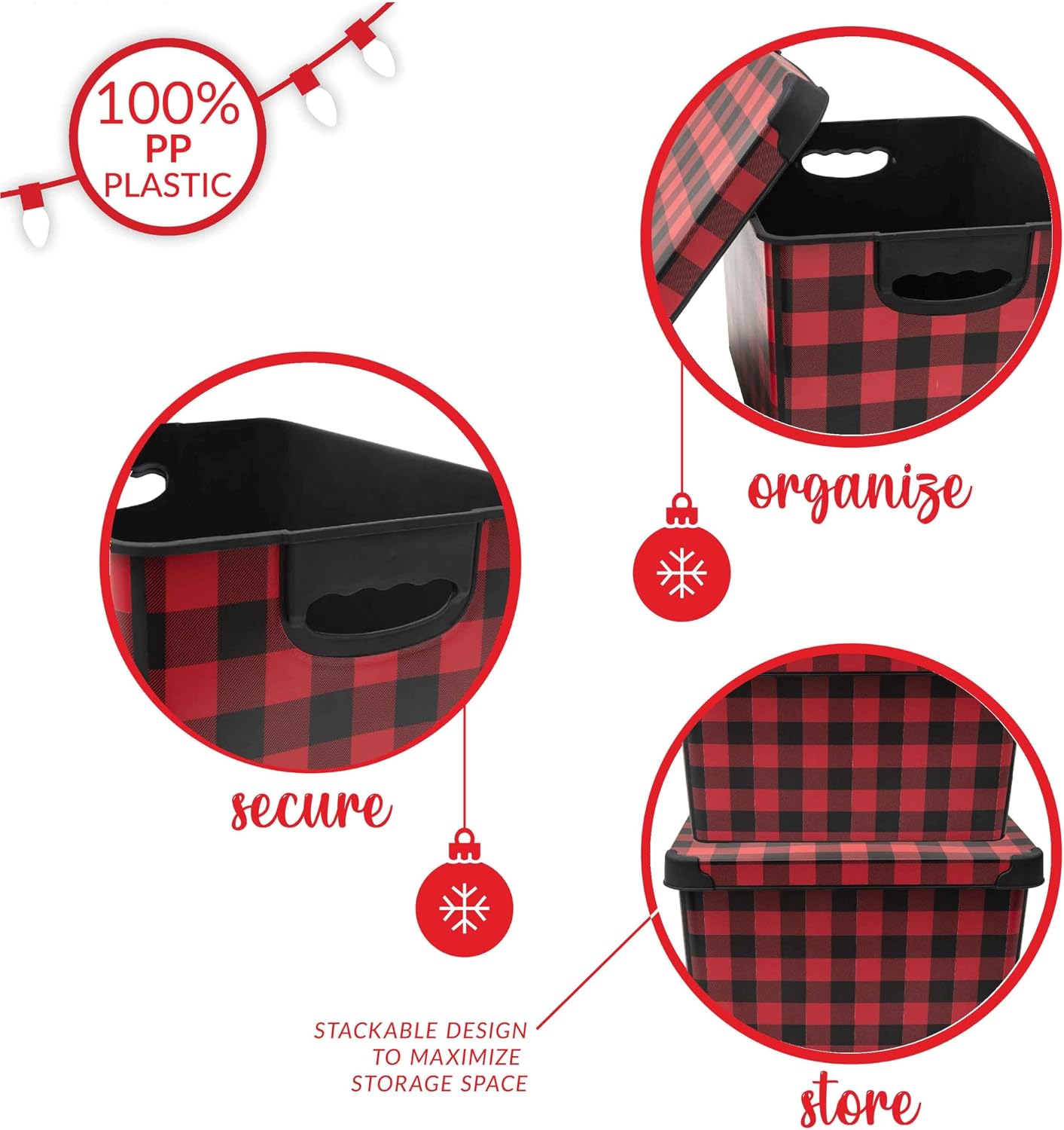 Contenedor apilable navideño diseño cuadros búfalo negro