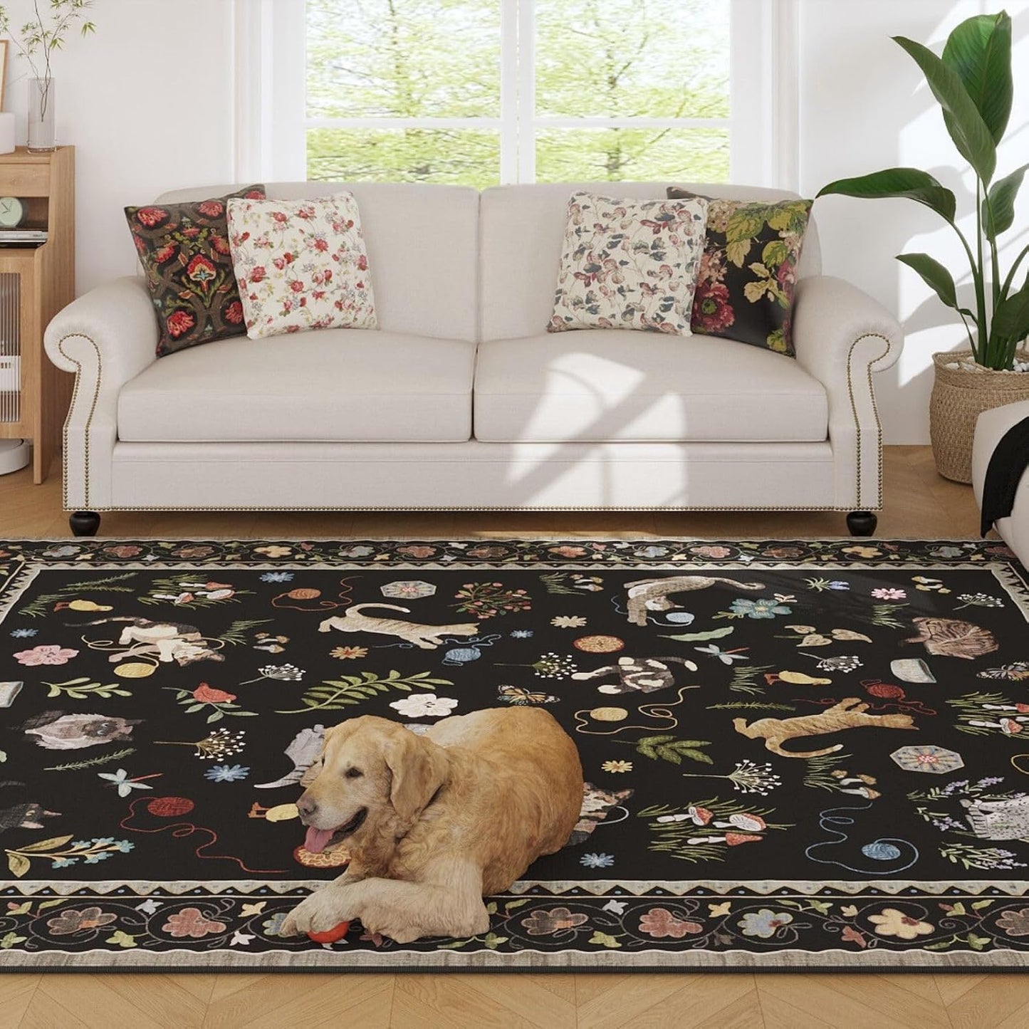 Alfombra sala 5x7pulg lavable boho floral gato vintage