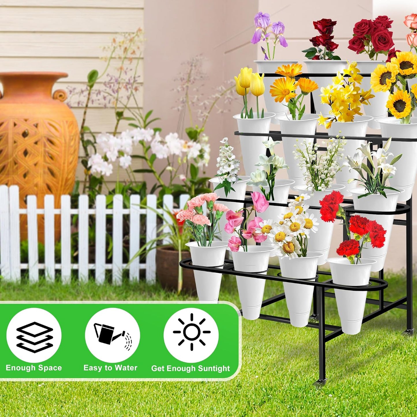 Soporte flores 16 cubos 4 capas ruedas metal negro