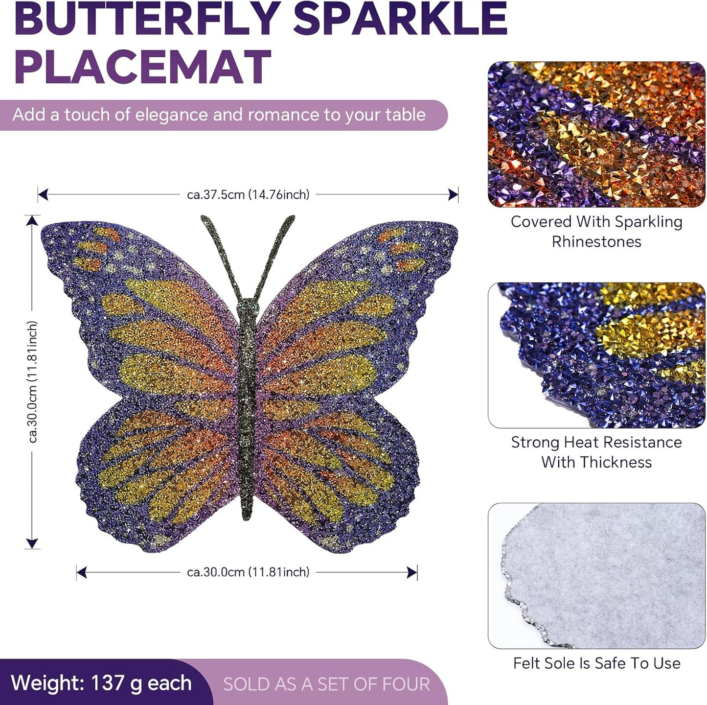 4 Manteles Mariposa con Strass Decoración Hogar y Cocina