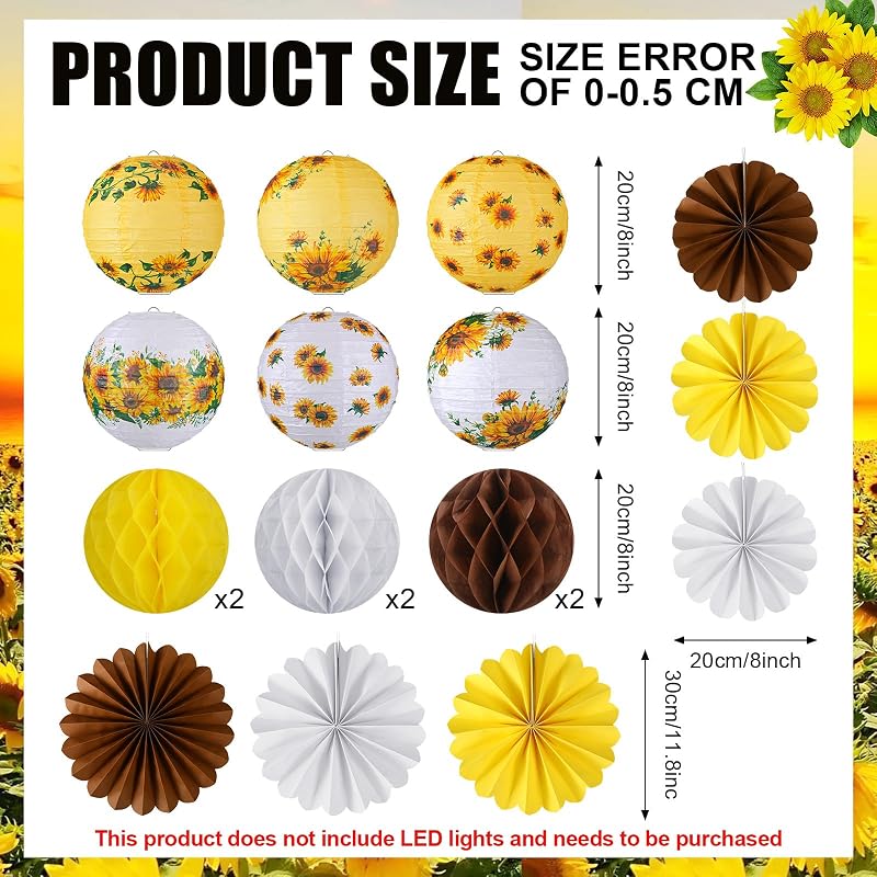 Set 18 Pzas Faroles Girasol Papel Amarillo Blanco
