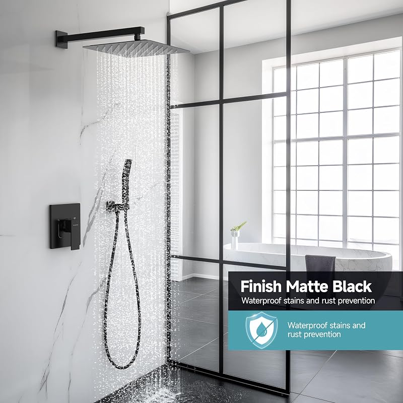 Set grifo ducha lluvia 12" mango pared latón negro