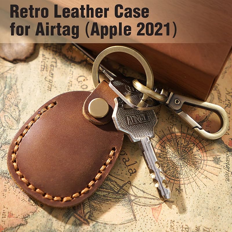 Funda Airtag cuero marrón con llavero pack 2