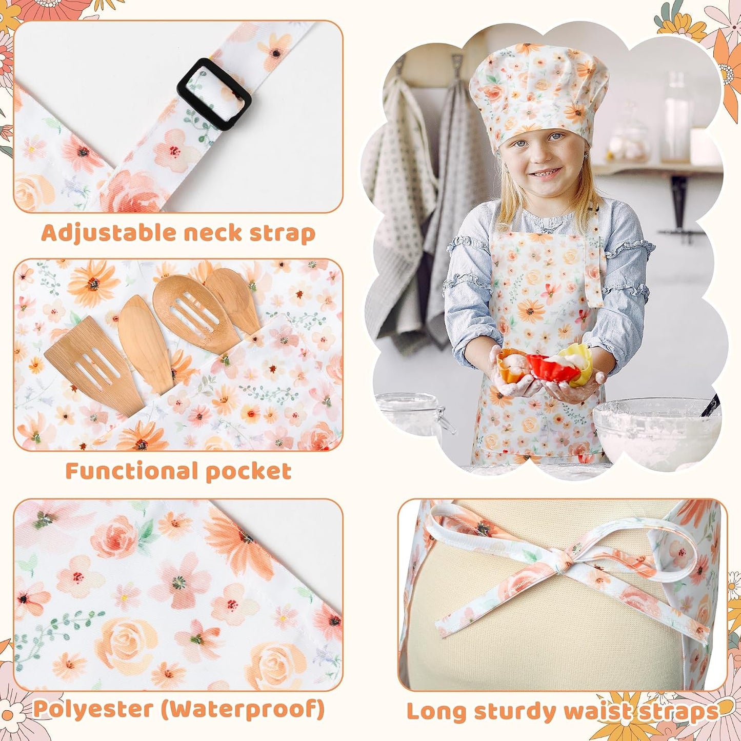 Set 4 Delantales Infantil con Gorro Chef Estampado Floral Ajustable