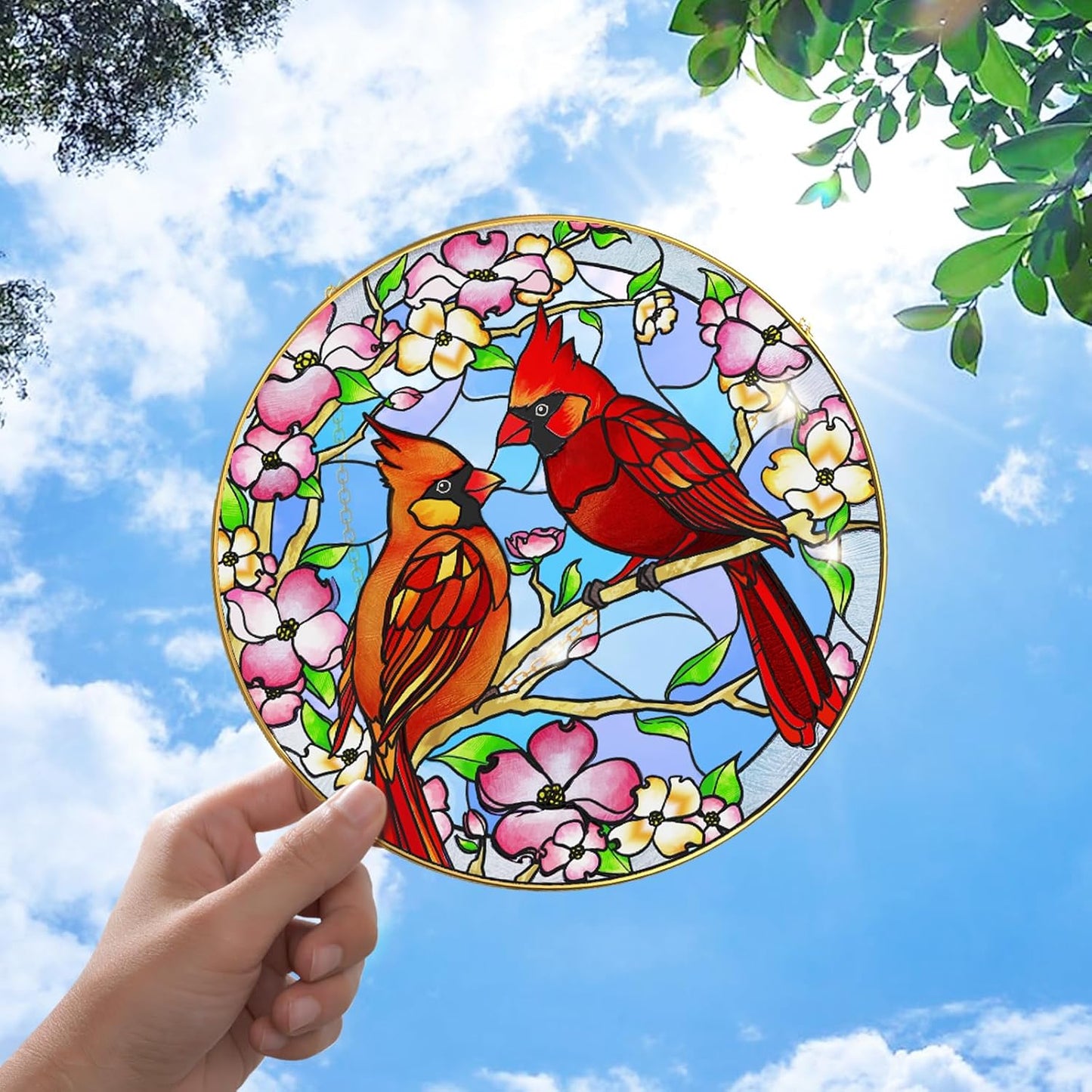 Atrapasol Cardinal de Vidrio Emplomado 6.4" para Decoración