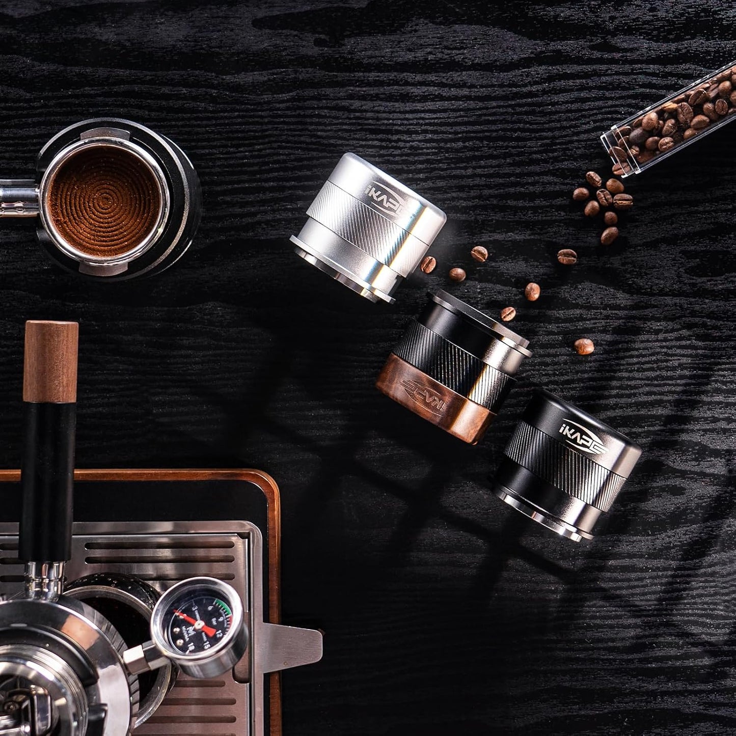 Tamper Espresso 58mm madera acero inox calibrado barista