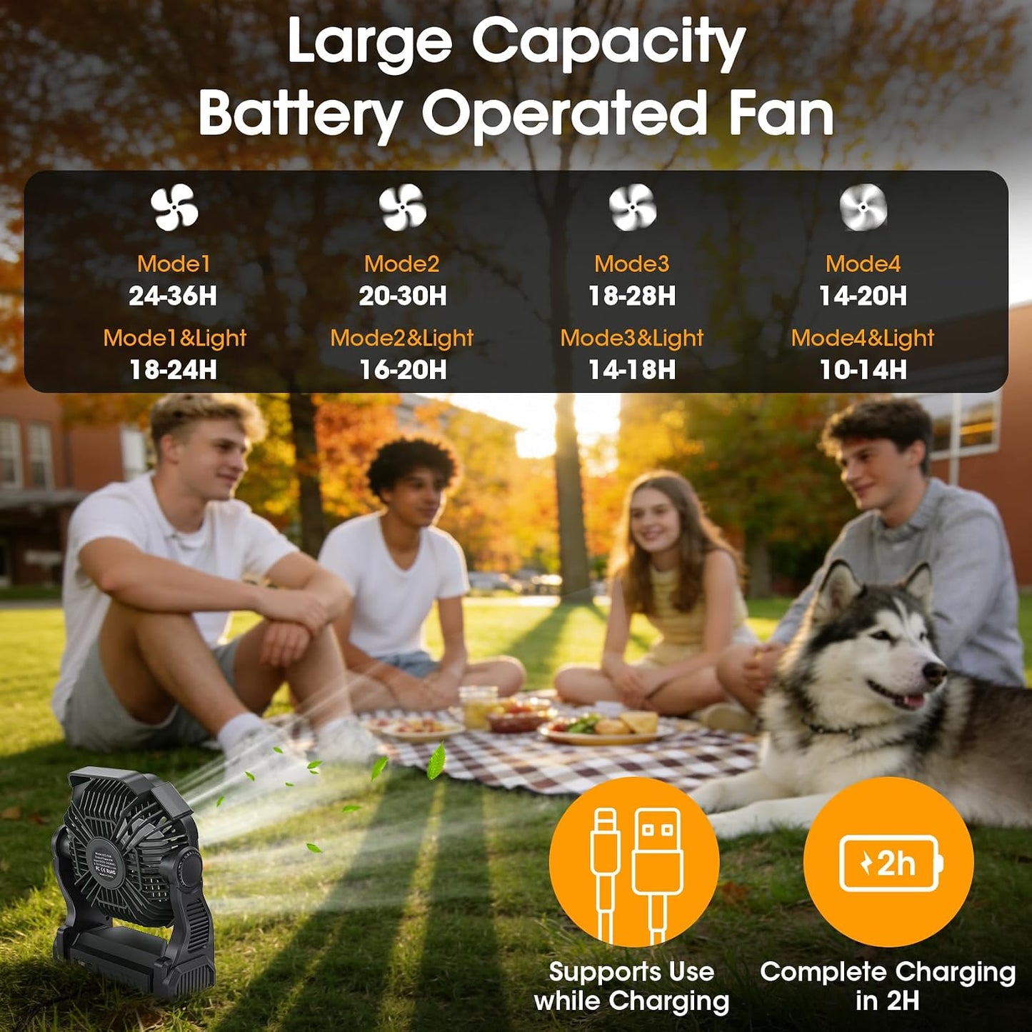 Ventilador a batería con luz LED 4 velocidades camping