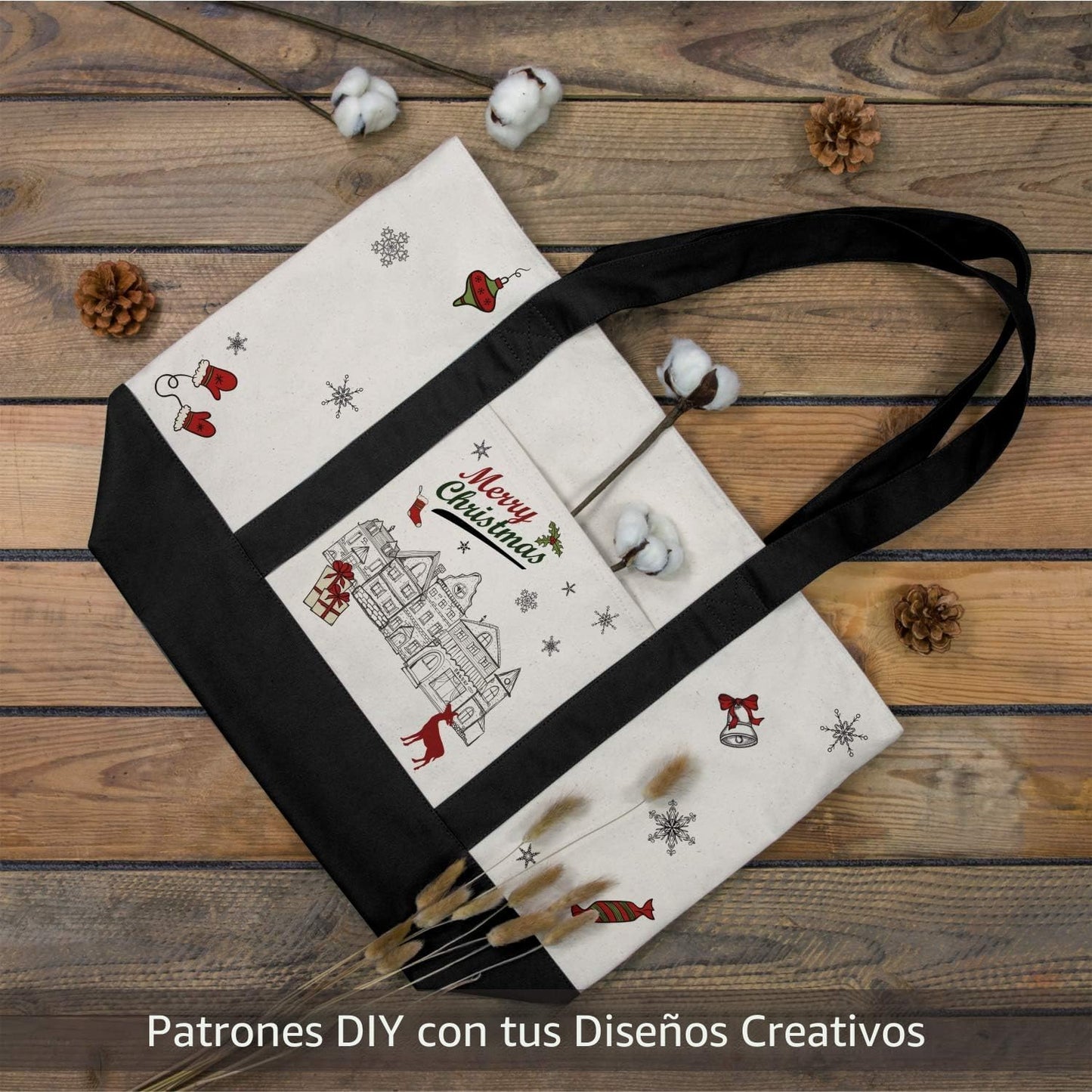 6 Pzas Bolsas Lona con Bolsillo Cremallera Negro/Natural