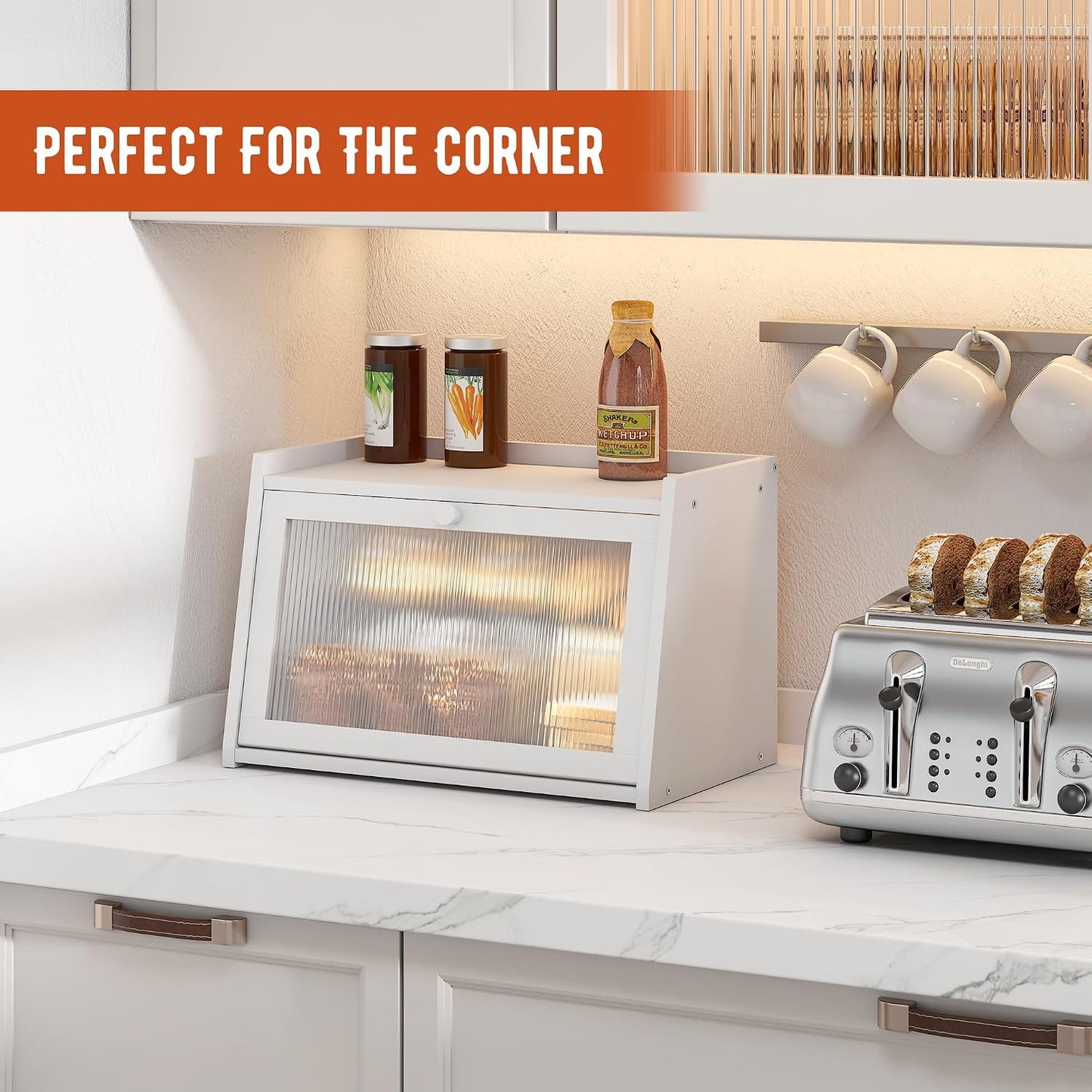 Caja pan bambú encimera cocina con puerta acrílico blanco