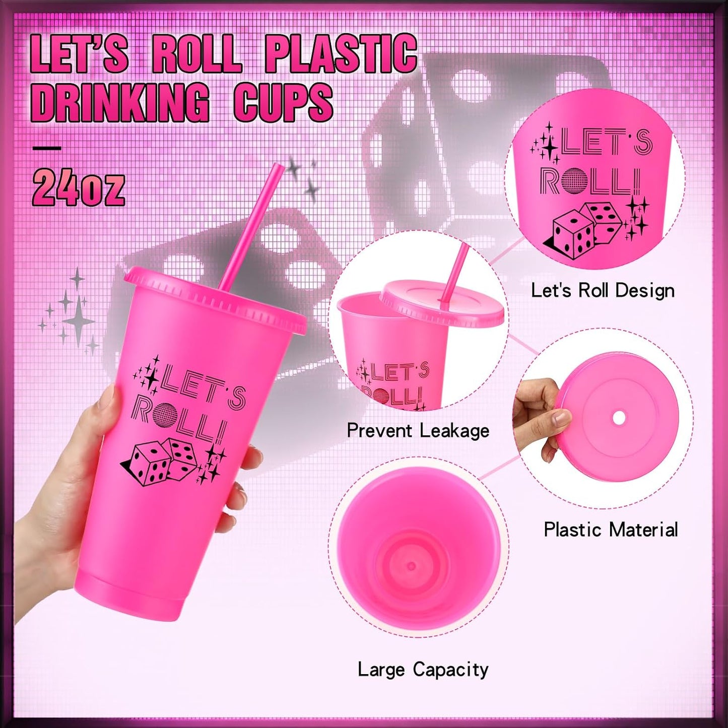 36 Vasos Plástico Bunco 24oz con Tapas Pajitas para Niñas
