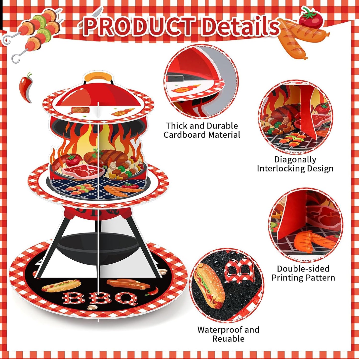 Torre cupcakes verano soporte pastel tema barbacoa rojo y negro
