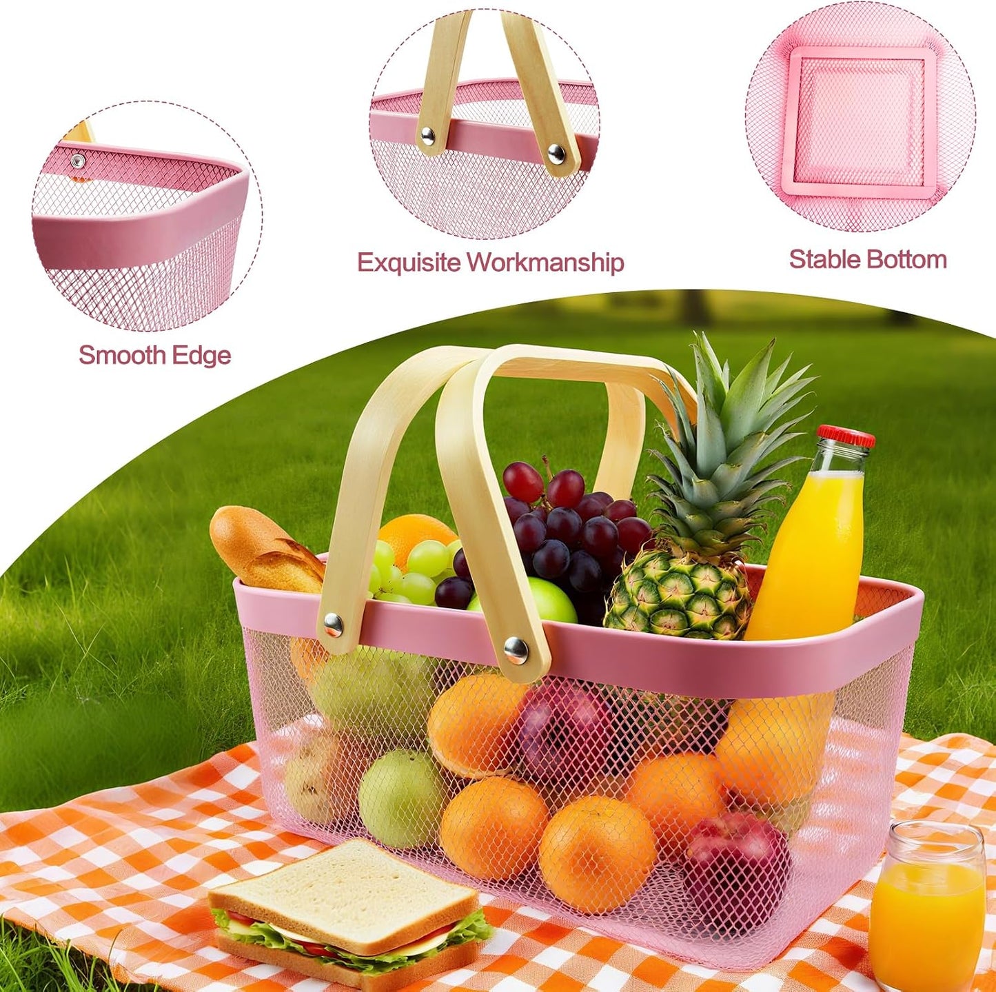2 Cestas Picnic Malla Metálica Asa Madera Plegable