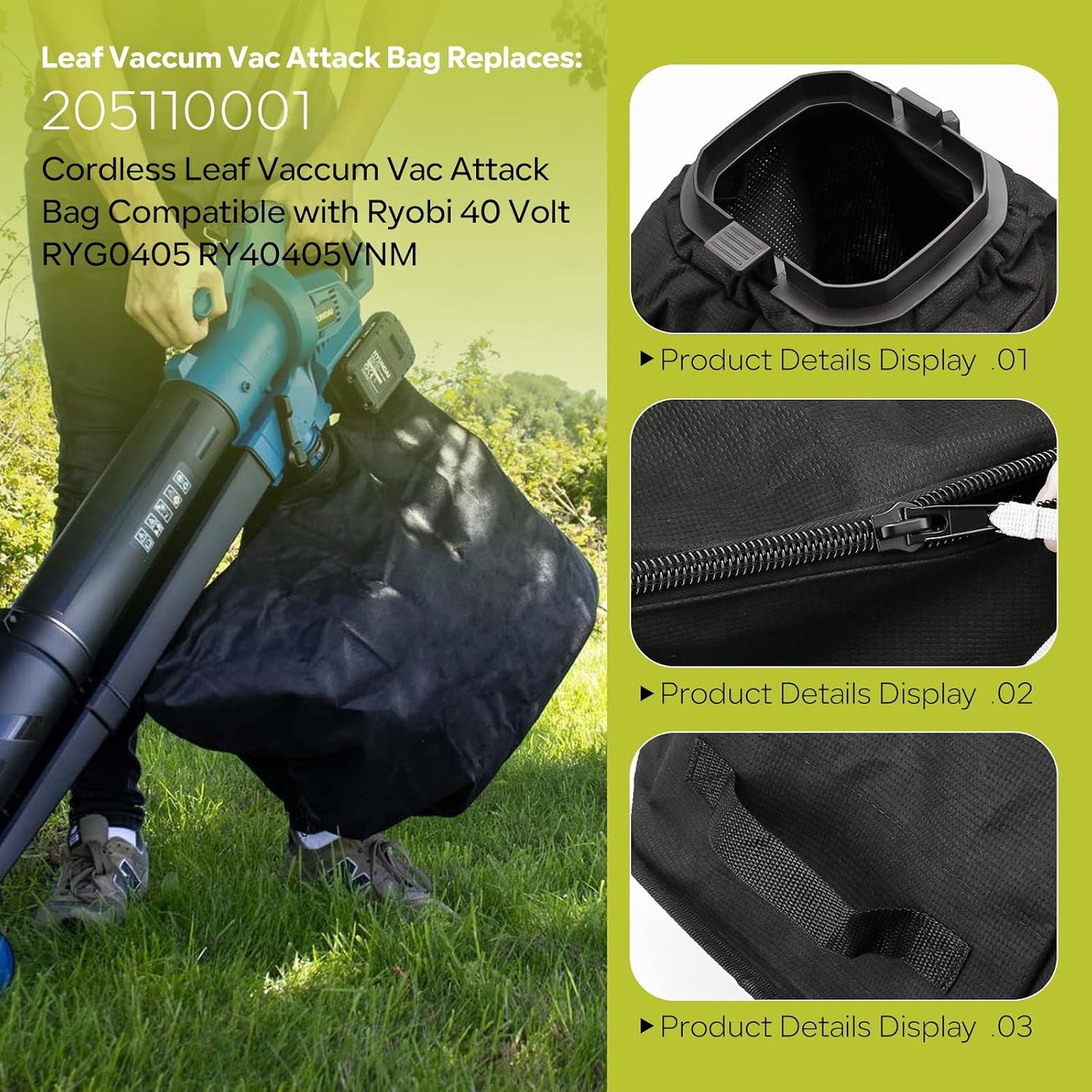 Bolsa repuesto hojas compat. Ryobi 40V Vac Attack RY40405 negro