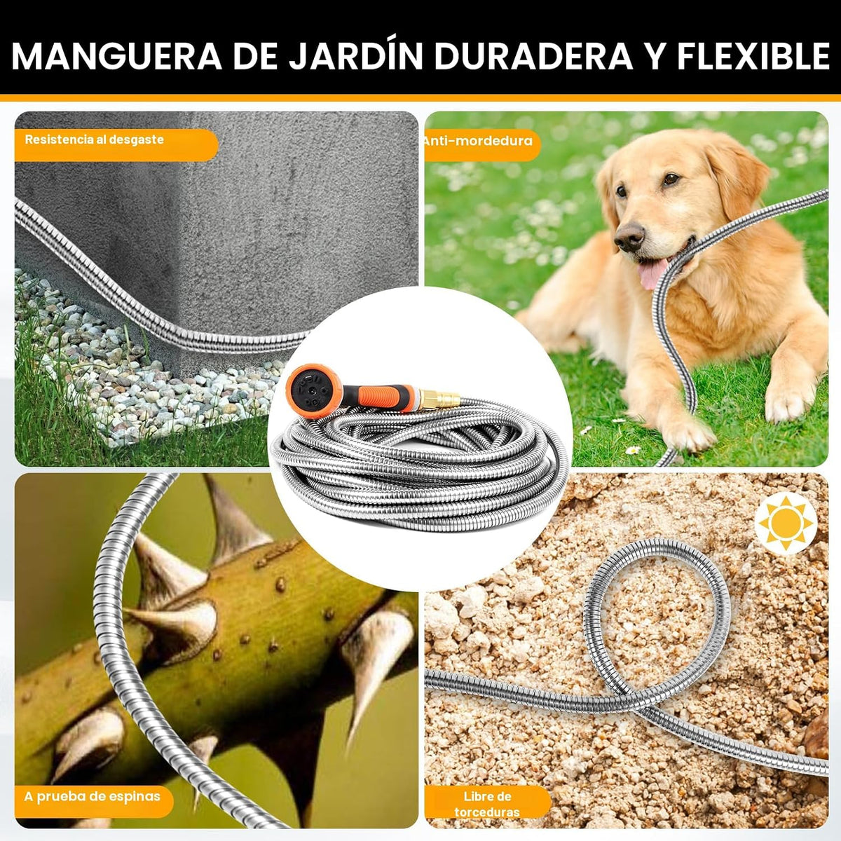 Manguera jardín acero inox 100ft boquilla 10 func y accesorio cobre