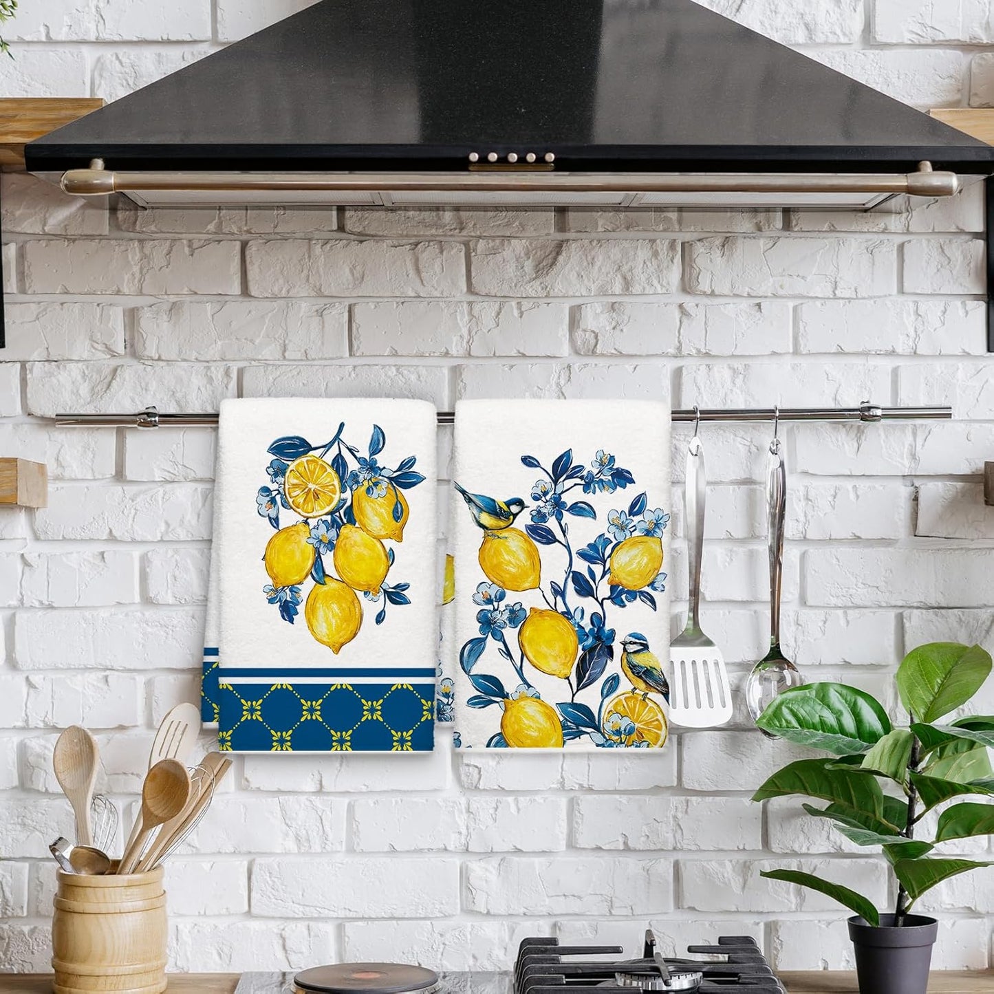 Set 2 Servilletas cocina geométricas azul flores 18x26 pulg