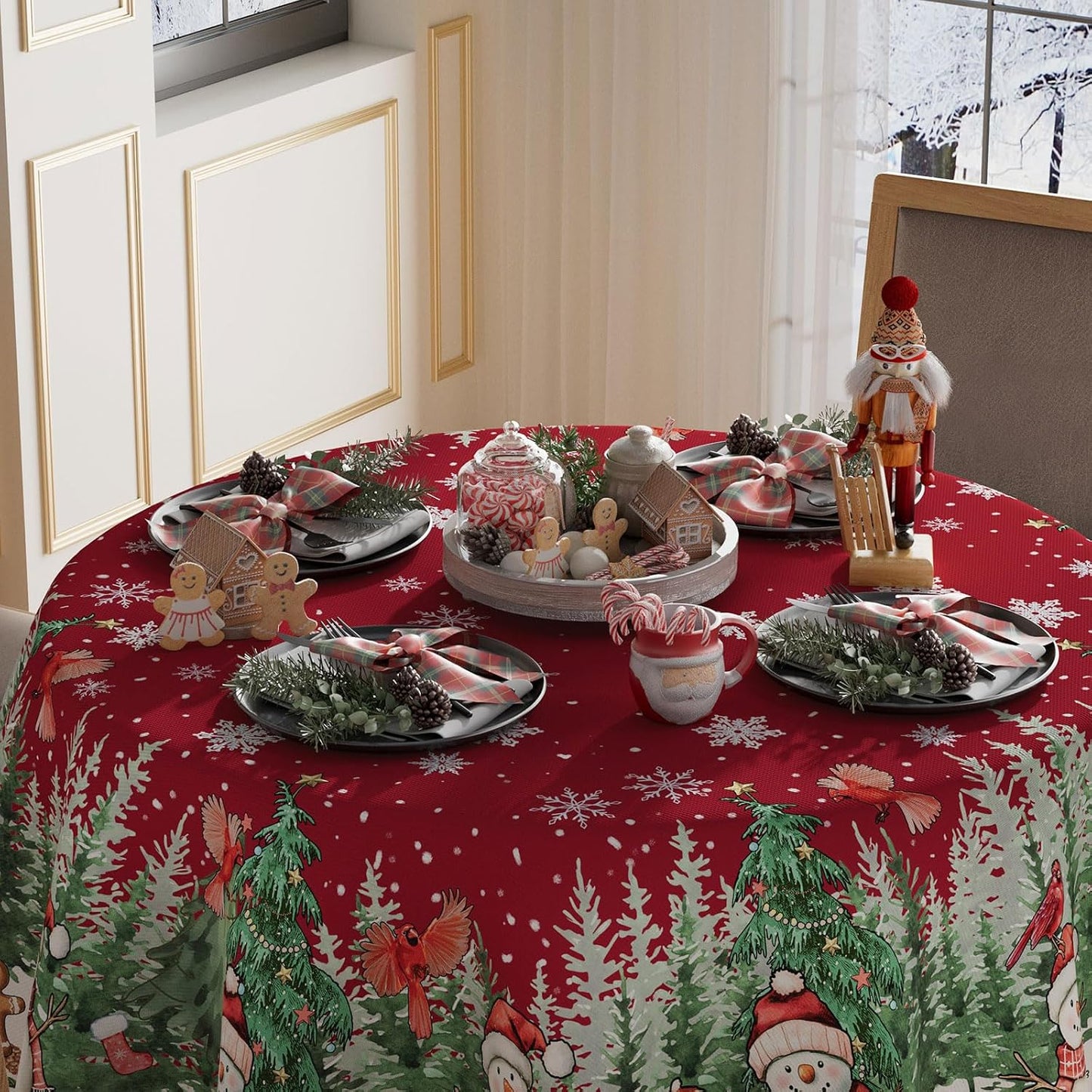 Mantel redondo navideño con muñeco de nieve 60x60 lavable