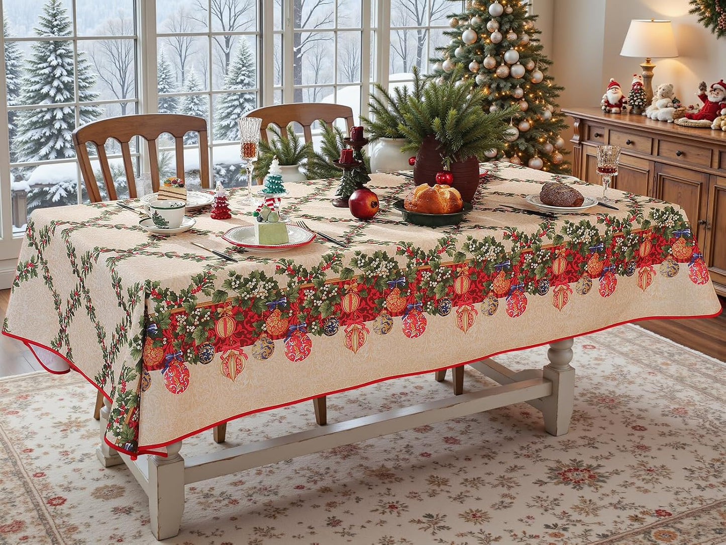 Mantel navideño 60x120pulg rojo bayas acebo impermeable vintage