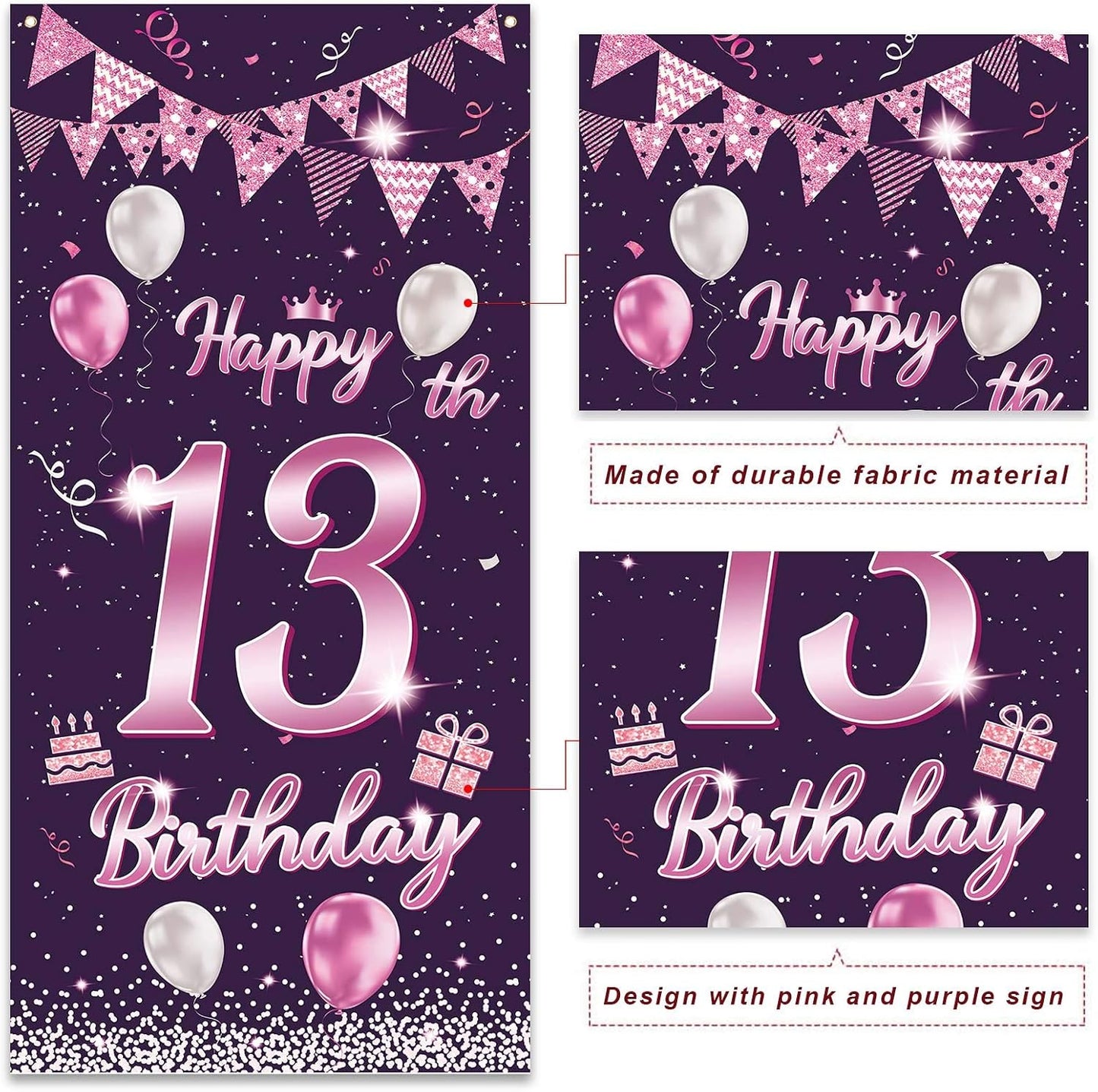 Cartel cumpleaños 13 años globos rosa morada decoración puerta