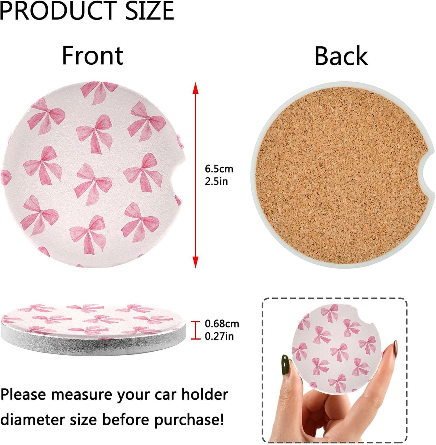 Posavasos cerámica con lazo rosa para auto set 2