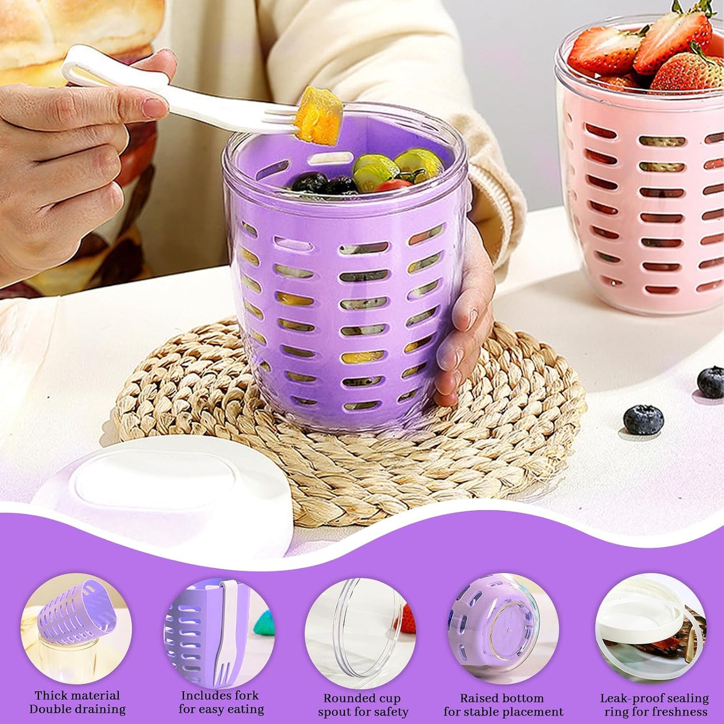 Taza almacenamiento ensalada frutas 20oz con tapa y tenedor