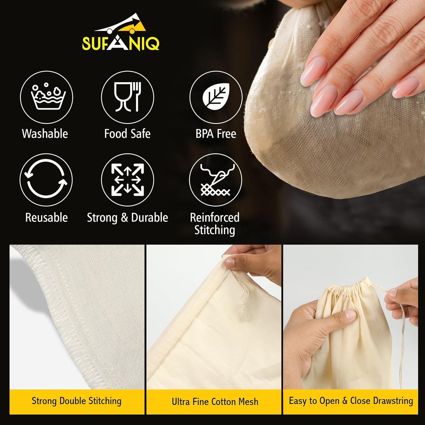 Bolsa colar leche de nuez 100% algodón reutiliz. 12x12pulg