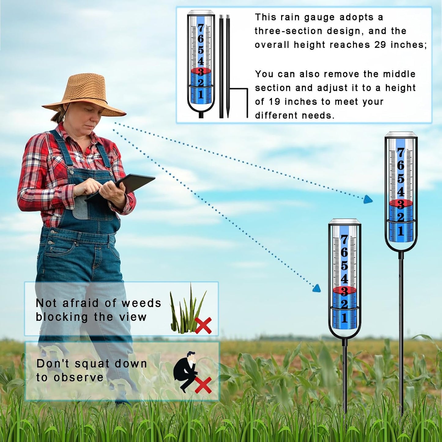 Pluviómetro al aire libre con tubo grueso y estaca
