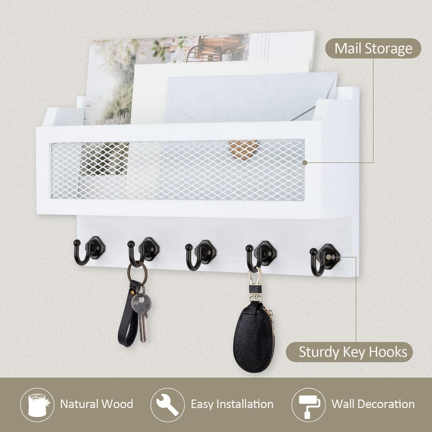 Soporte llaves y correo pared madera 11" 5 ganchos blanco