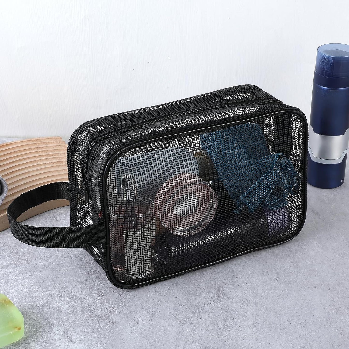 Bolsa malla ducha negra portátil para gimnasio y viaje