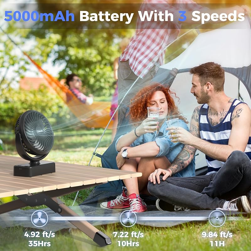 Ventilador camping recargable con linterna LED 3 velocidades