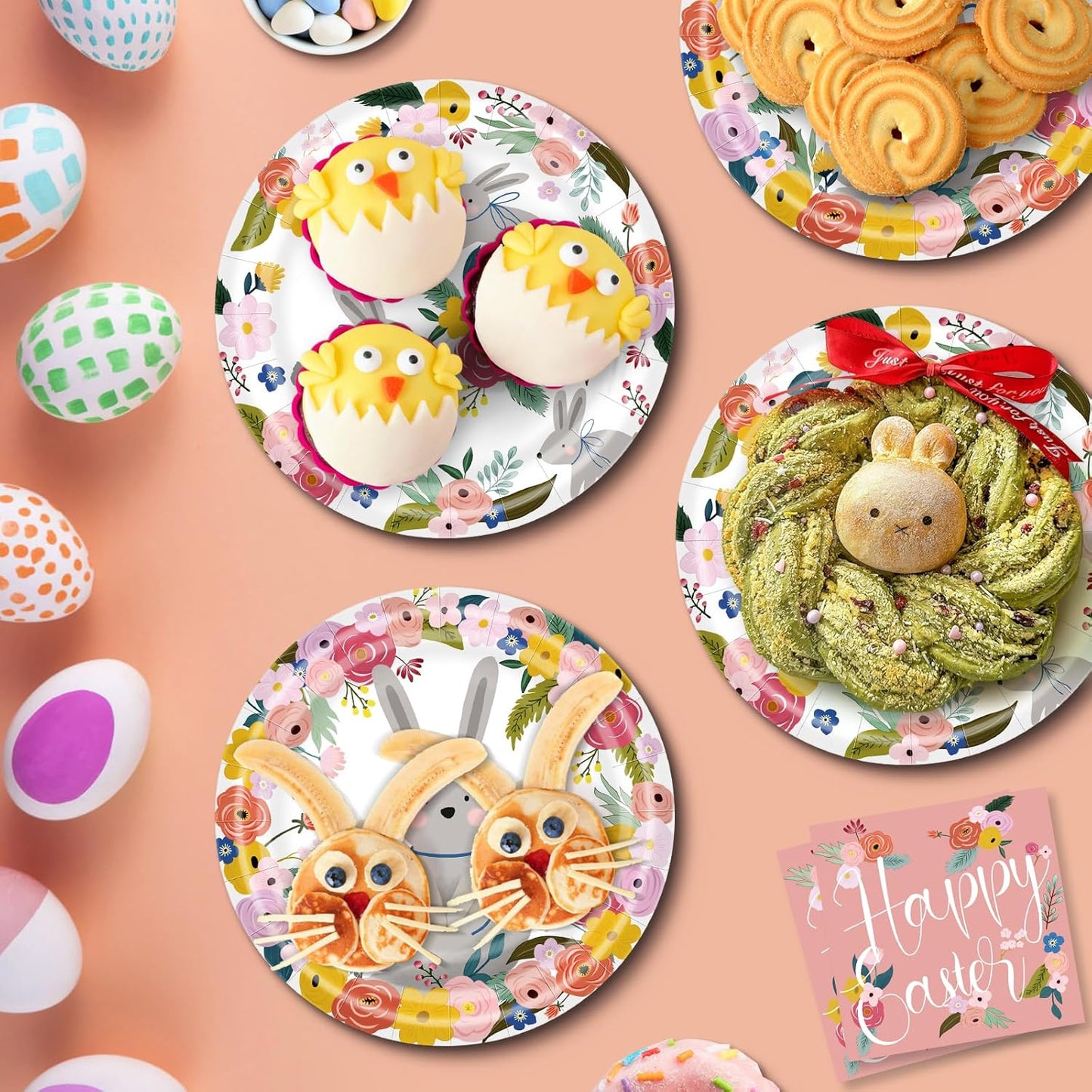 Juego de 96 platos de papel de Pascua con tazas y servilletas para 24 personas