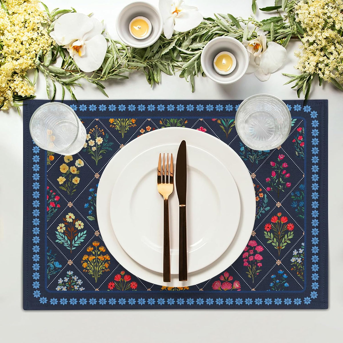 Set 4 Manteles Individuales Estampado Flores Azul Oscuro