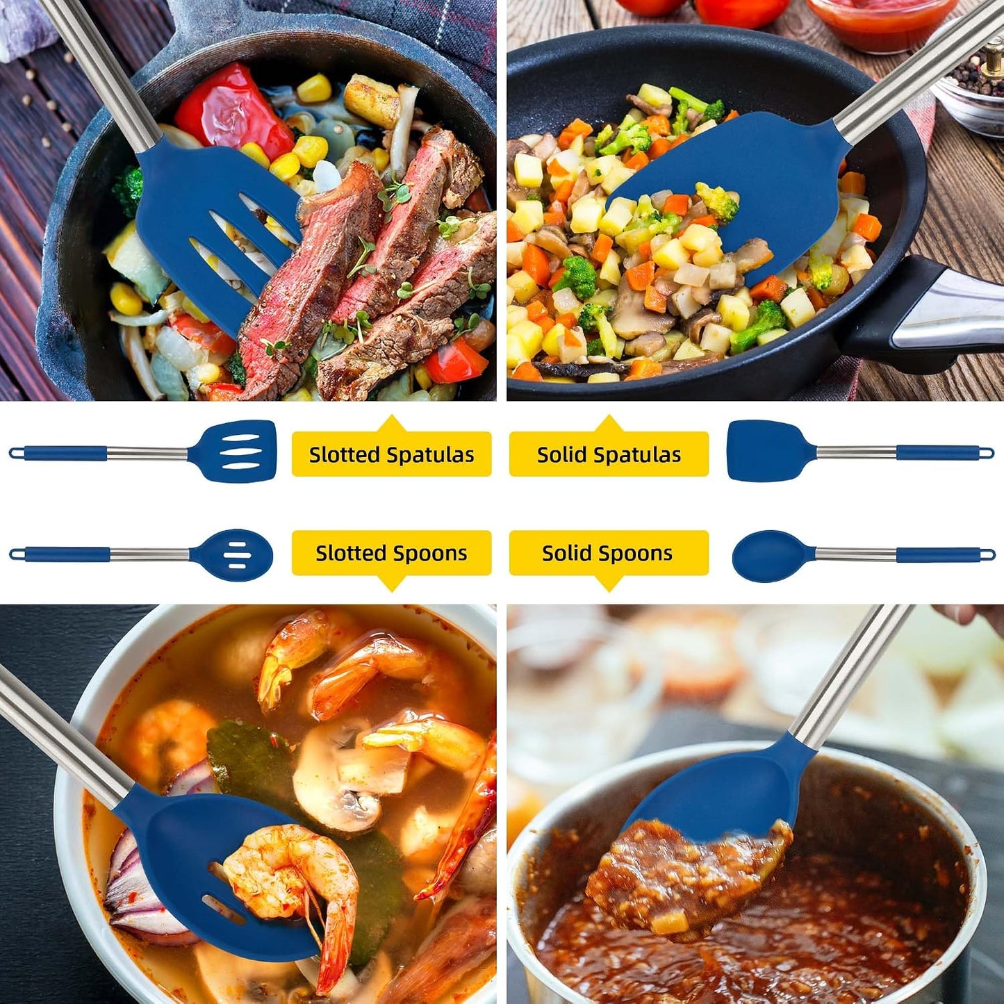 Set 4 Utensilios Silicón Antiadherentes con Mango Acero Inox Azul