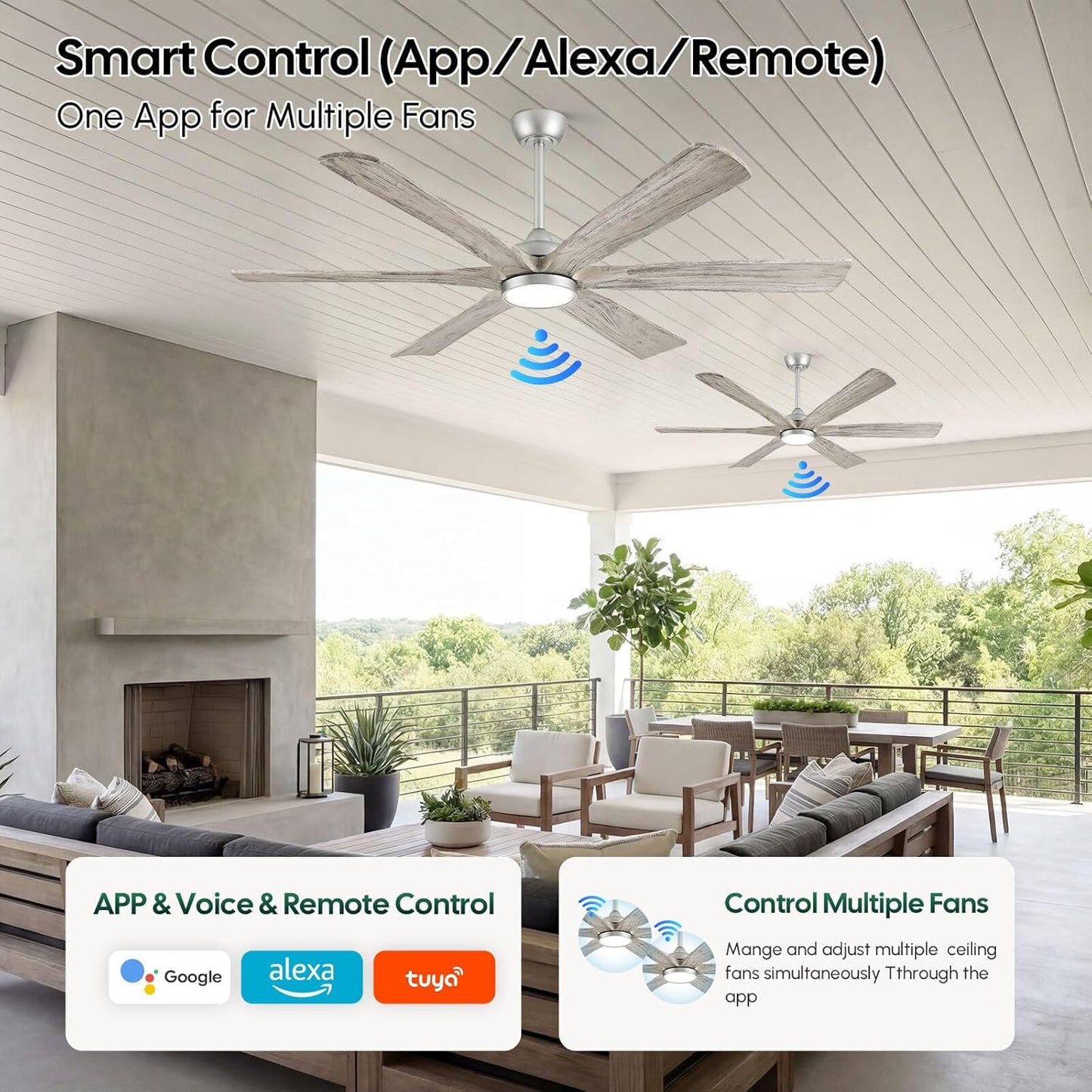 Ventilador techo 72pulg luz control remoto Alexa 6 cuchillas madera
