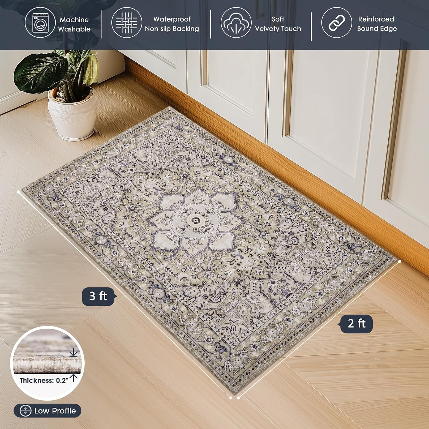 Alfombra Boho Vintage 2x3ft Antiderrap Lavable