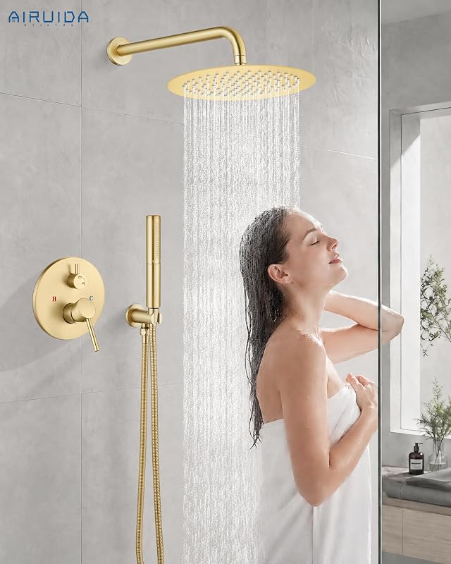 Set grifo ducha dorado cepillado 10" 2 funciones