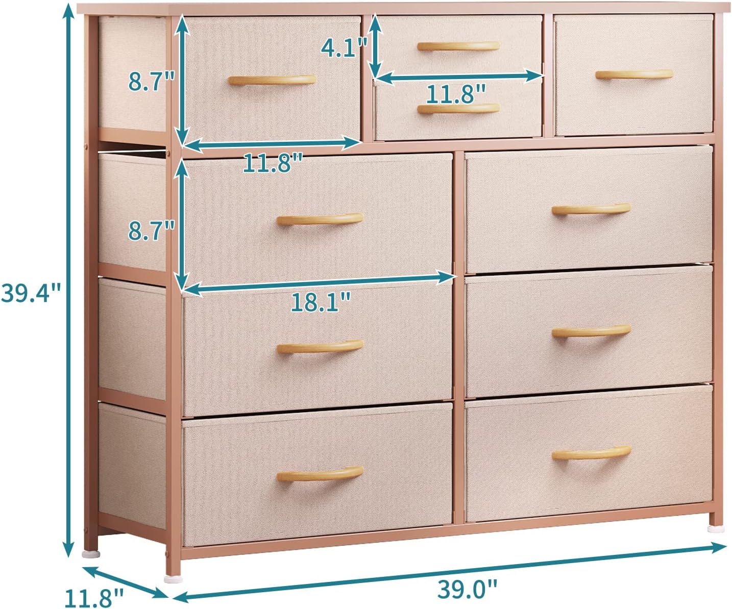 Cómoda 10 cajones tela acero inox madera mango oro rosa