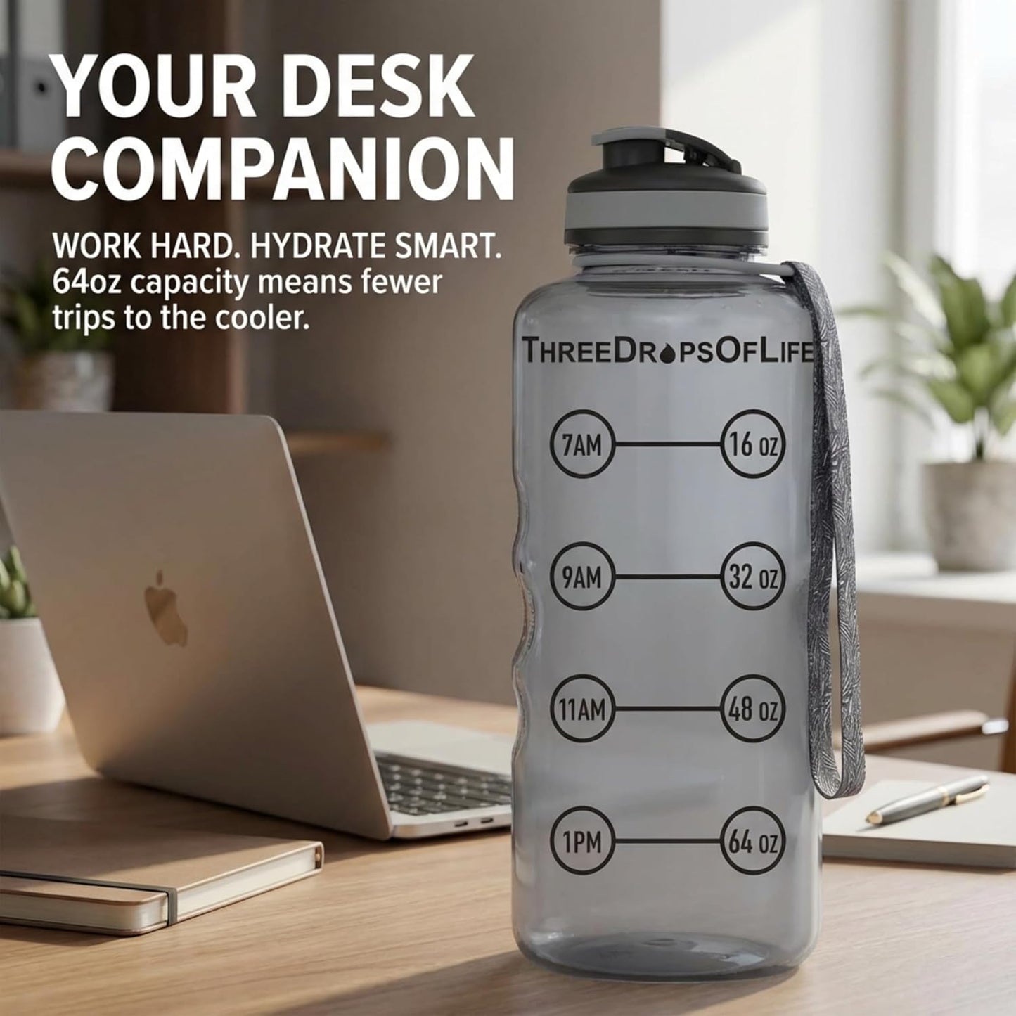Botella agua Tritan 64oz gris humo sin BPA reutiliz.