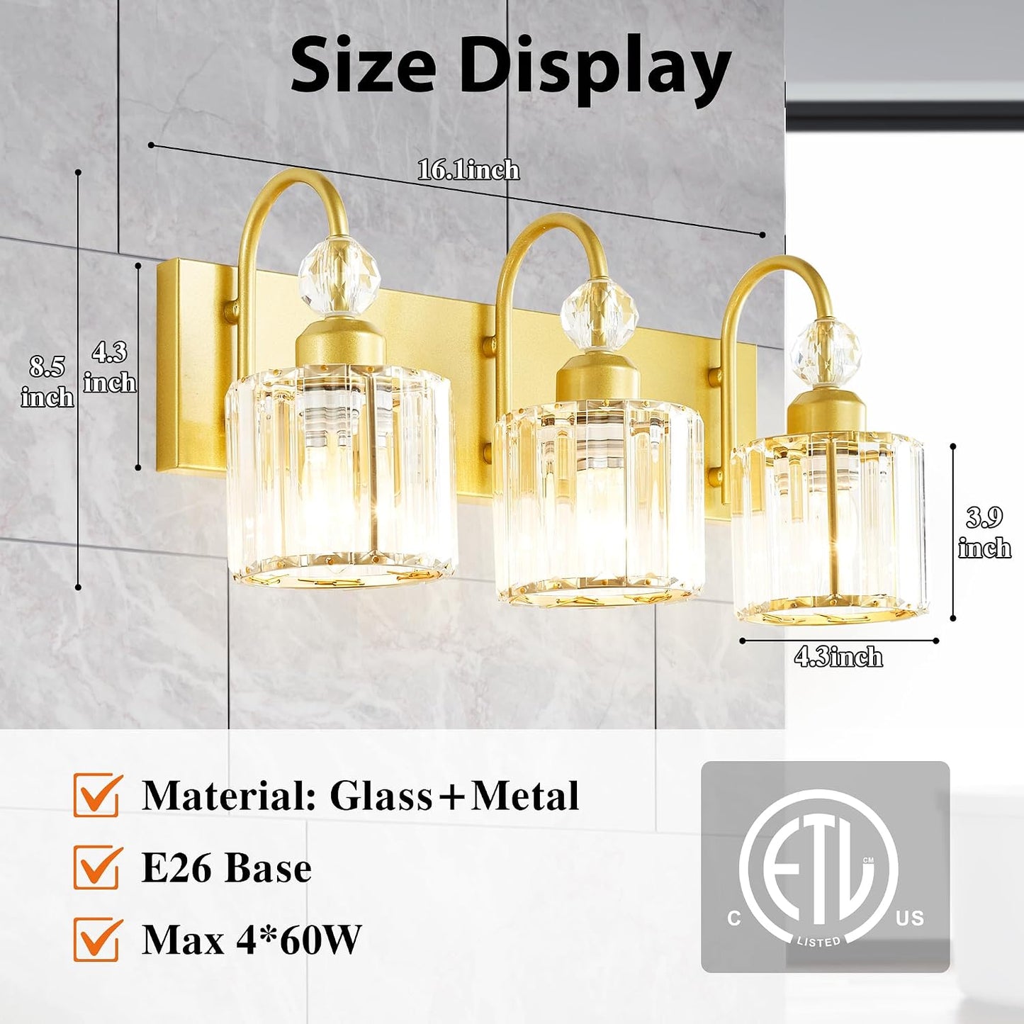 Lámpara tocador baño 3 luces cristal estilo granja