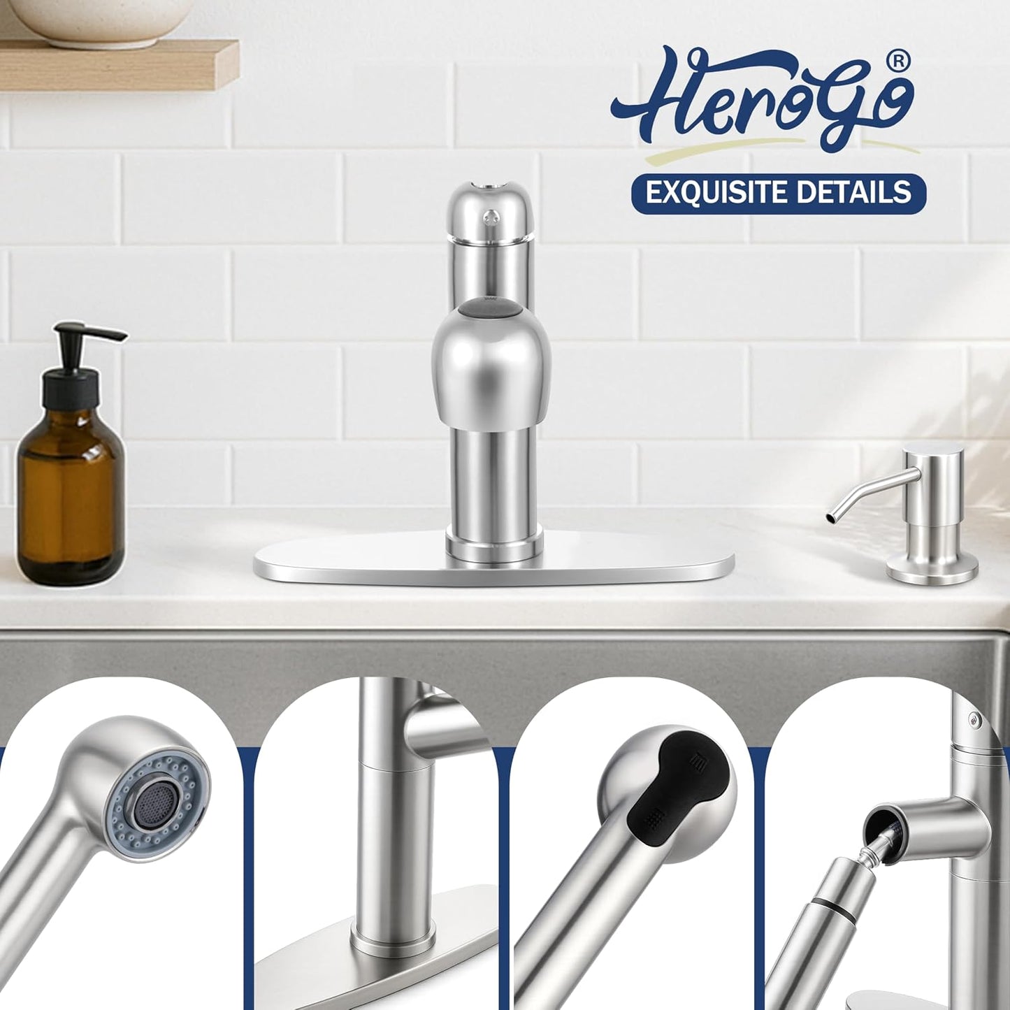 Grifo cocina acero inox rociador extraible 1-3 agujeros