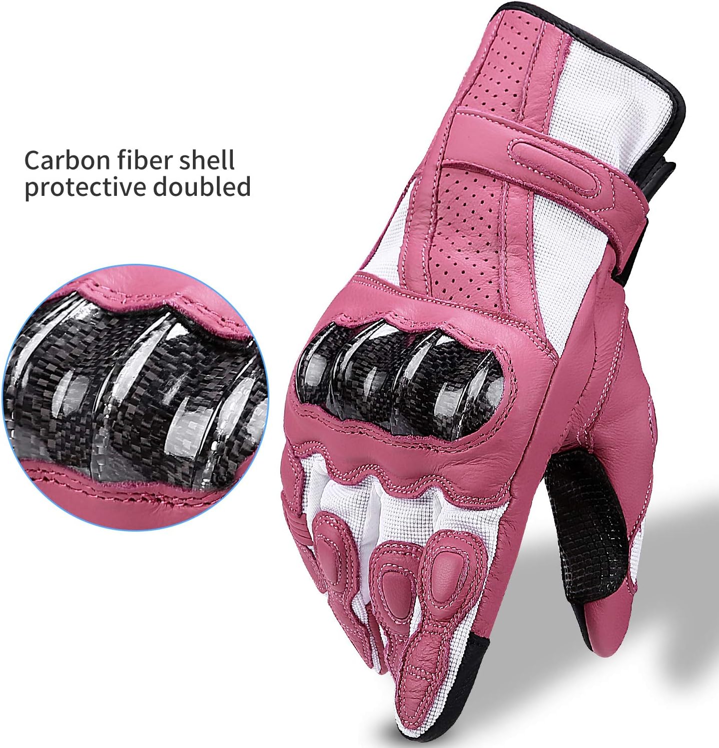 Guantes moto cuero fibra carbono pantalla táctil mujer rosa
