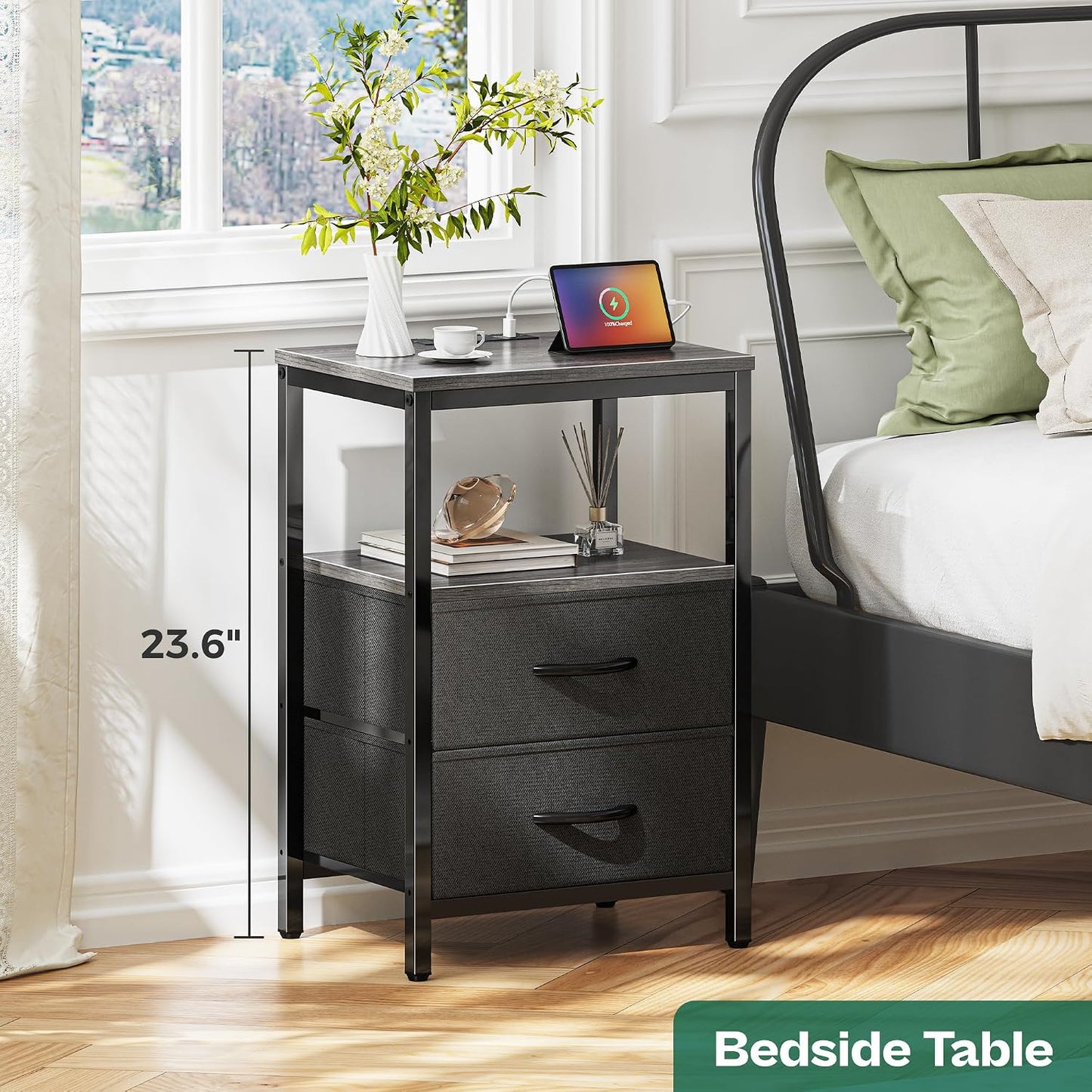 Set 2 Mesitas Noche con Puertos USB Tomacorrientes Color Gris