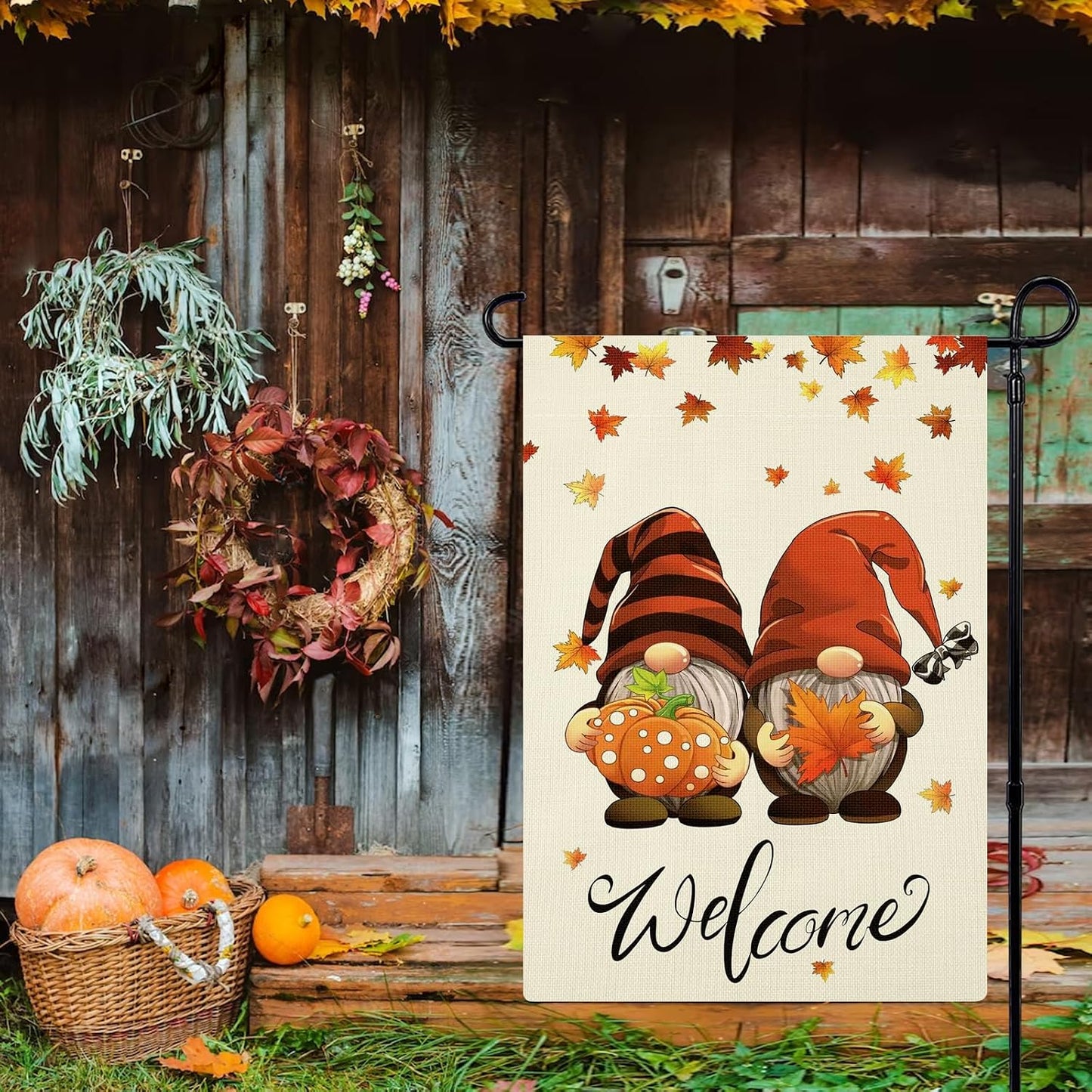 Bandera jardín otoño doble cara gnomos 12x18pulg